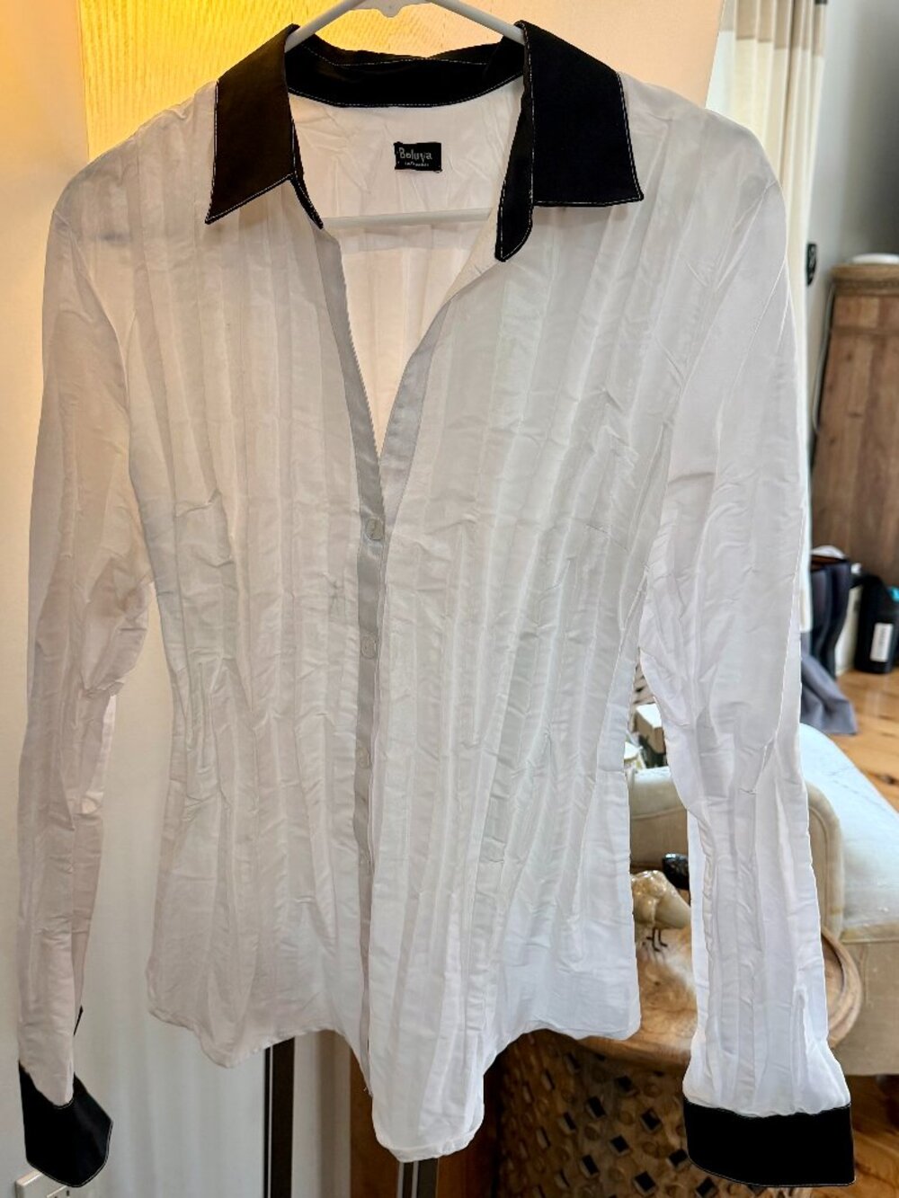 Beluva by Firuzé Crinkle Pleated Blouse – Black & White – Tagged XL / Fits L
